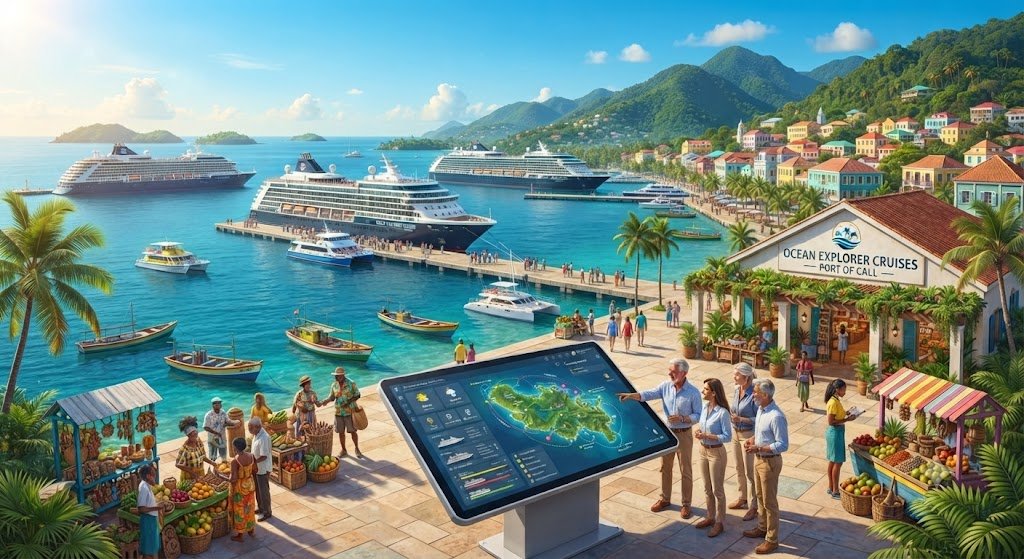 Cruise ships docked at a colorful Caribbean island port