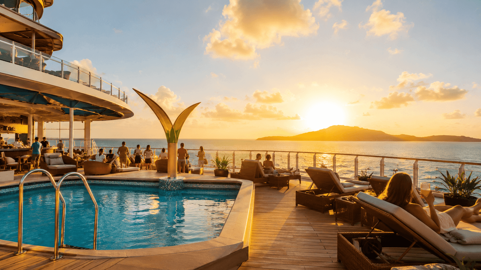 Guests relaxing by a cruise ship pool at sunset