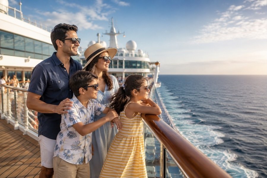 Family enjoying the ocean view from a cruise ship deck