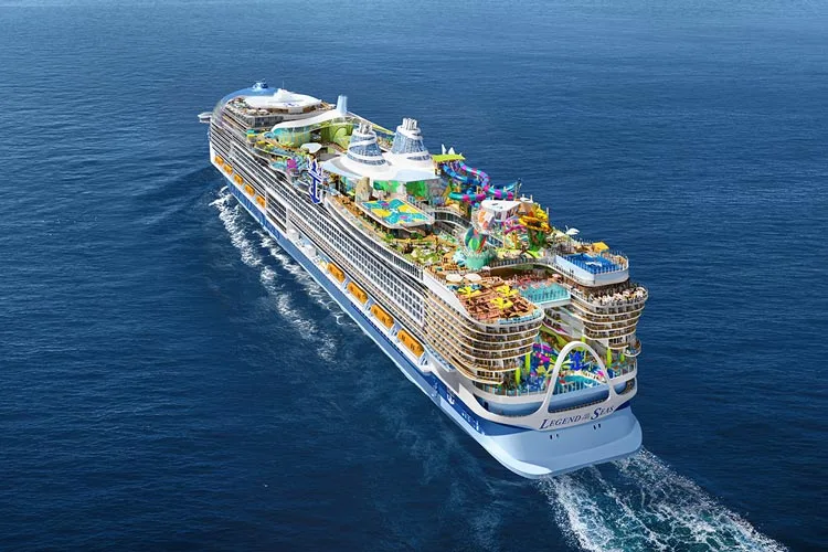 Aerial view of a cruise ship sailing in deep blue water