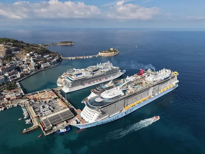 Several cruise ships docked in a Mediterranean port