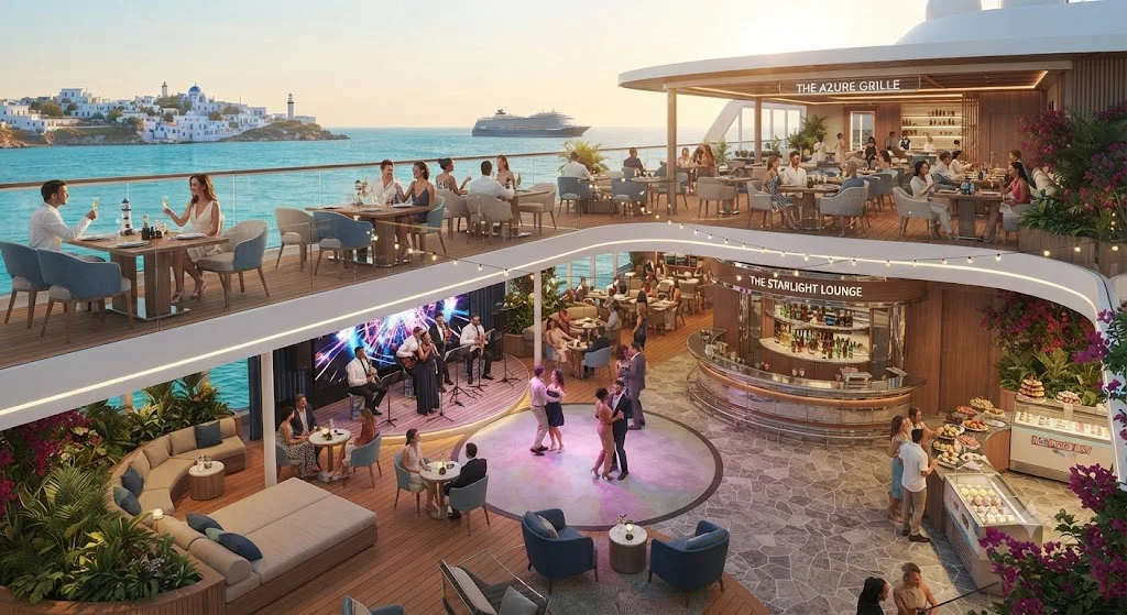 Open-air dining terrace and lounge on board