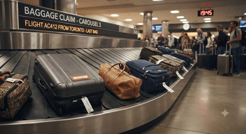 Luggage at a baggage claim carousel
