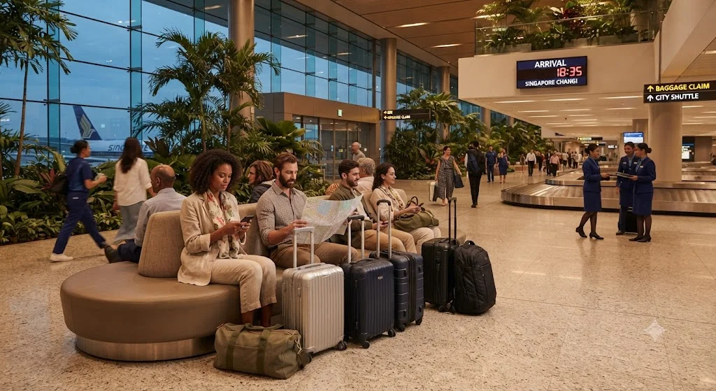Travelers with luggage reviewing travel insurance