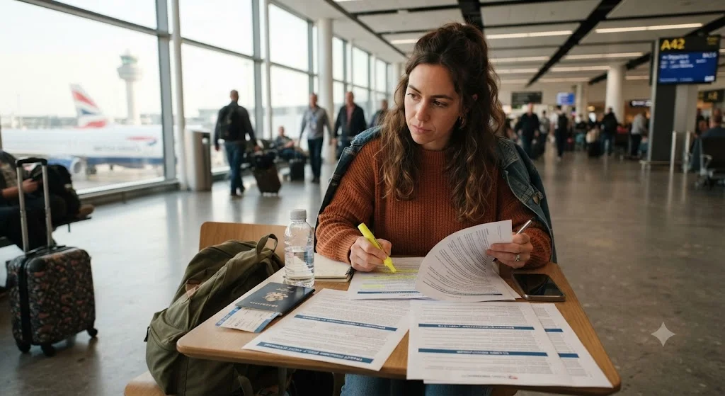 Traveler reading policy documents